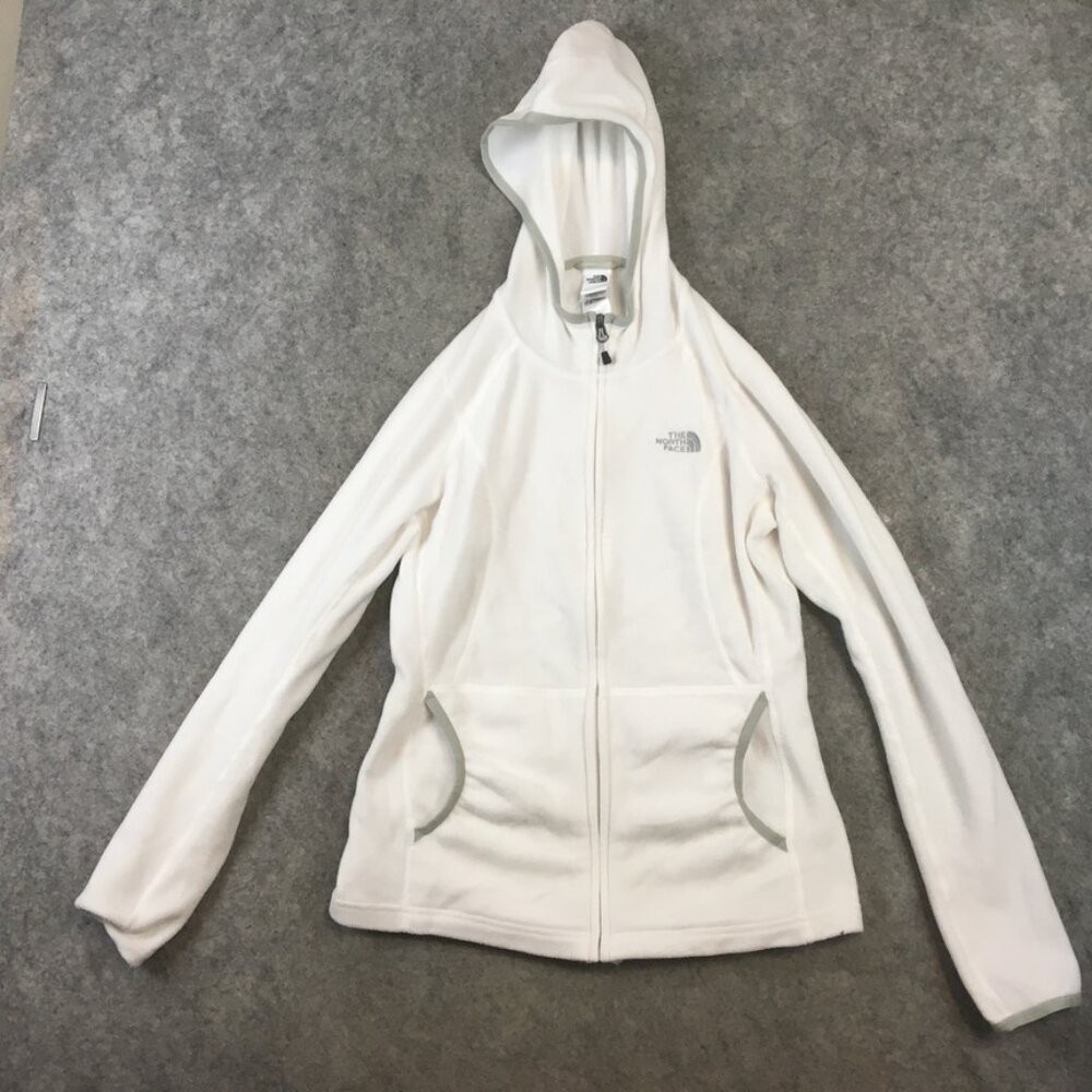 The North Face Jacket Womens S Full Zip White Gray High Collar Fleece Logo Hood